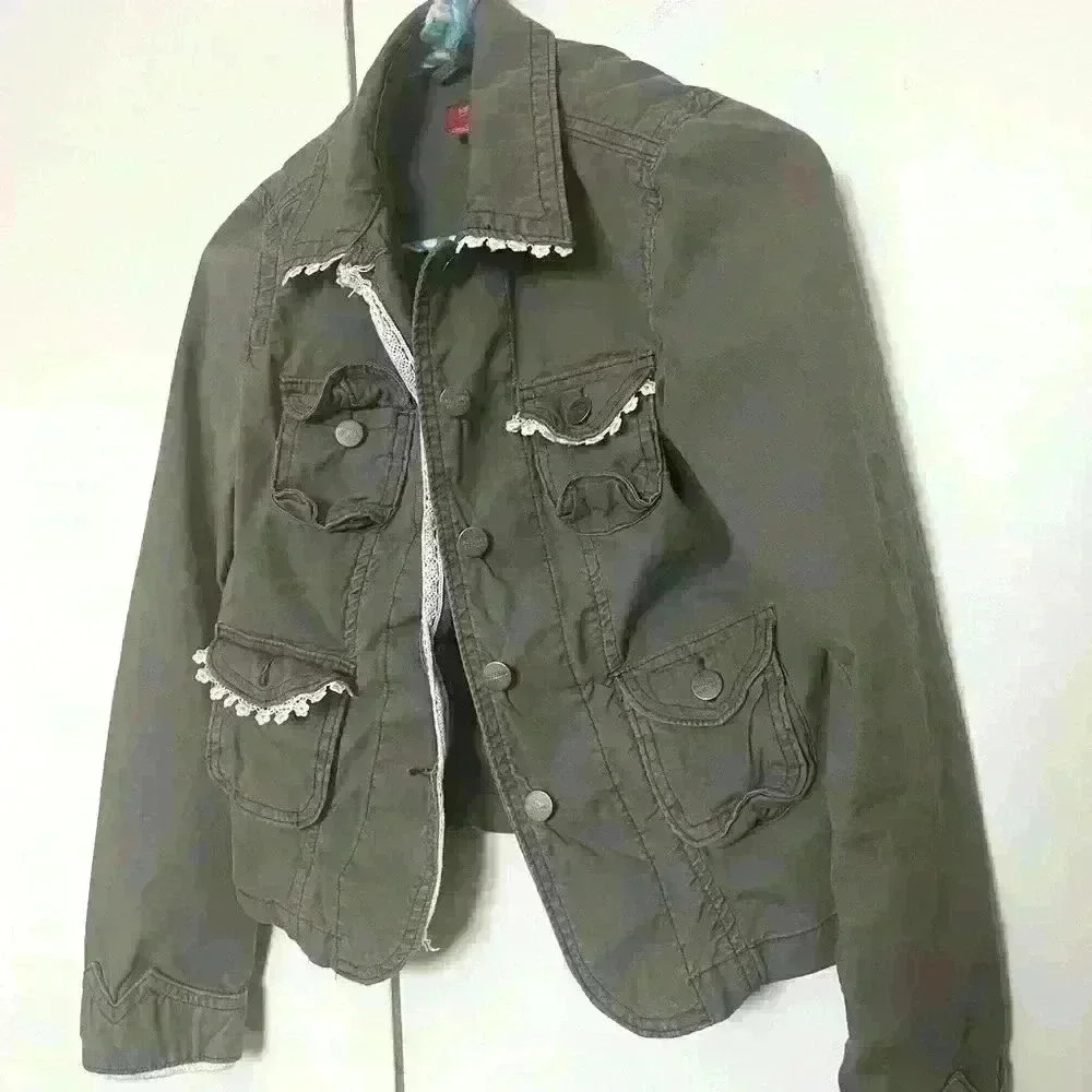 Handmade Lace Military Army Jacket Camo Gorp Cottage Core camouflage boho sewn